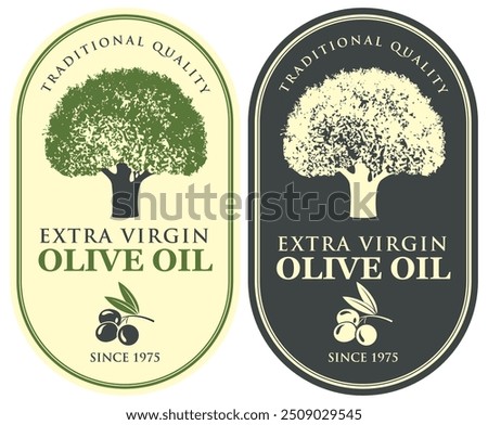 Set of vector labels for olives or olive oil with olive tree design in retro style. Suitable for designing logo, sticker, banner