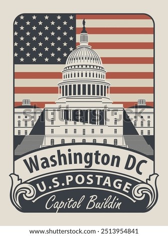 Vector banner with inscriptions and the image of the USA Capitol in Washington DC. Vector illustration Capitol Building in Washington on the background of american flag