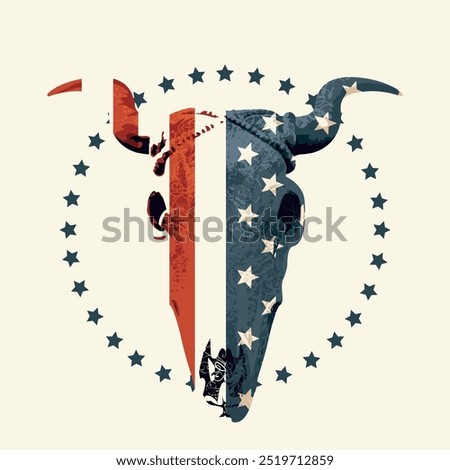 coat of arms with pattern skull bull with USA flag on backdrop round with stars. Vector illustration, logo or symbol. poster, card, invitation design	