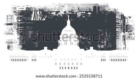 Vector banner or card with US Capitol Building in Washington DC  in art grunge background of spots and geometric shapes from elements of big city architecture. suitable for logo, t-shirt design.