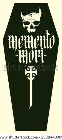 vector calligraphic inscription in gothic font memento mori from latin language translated Think about death with christian crucifixion against the background of a black coffin