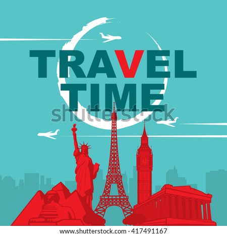 banner travel time with architectural landmarks and the flying plane