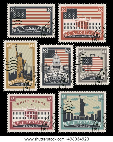 set of Postage stamps with the image of the United States of America architectural landmarks in retro style