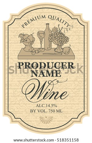 wine label with the silhouette of a still life from bottles and bowl of fruit
