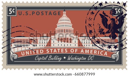 Postage stamp with inscriptions and the image of the US Capitol in Washington DC. Vector illustration Capitol Building in Washington