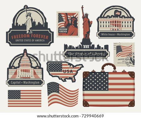 Vector set of american symbols and architectural landmarks of the United States of America