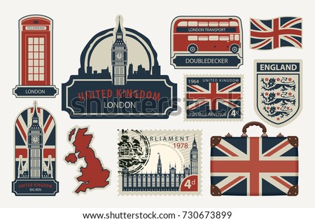 Vector set of British symbols, stamps, architectural landmarks and flag of the United Kingdom in retro style