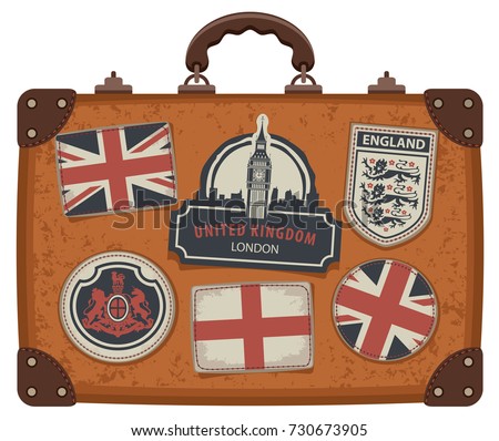 Vector image of travel suitcase with patches set with British and English symbols, coats of arms and flags of the United Kingdom and England in retro style