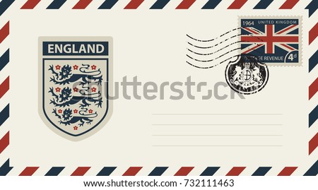 Vector envelope with Coat of Arms of England, a postage stamp with flag of United Kingdom and rubber stamp in form of royal coat of arms of Great Britain
