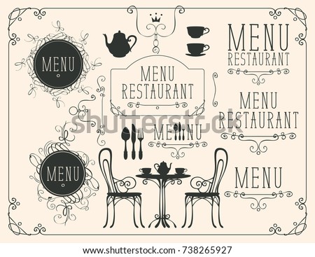 Vector set of images on the theme of menu for restaurant or cafe on a beige background in the art Deco style Stock foto © 