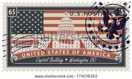 Vector Postage stamp with inscriptions and the image of the USA Capitol in Washington DC. Vector illustration Capitol Building in Washington on the background of american flag