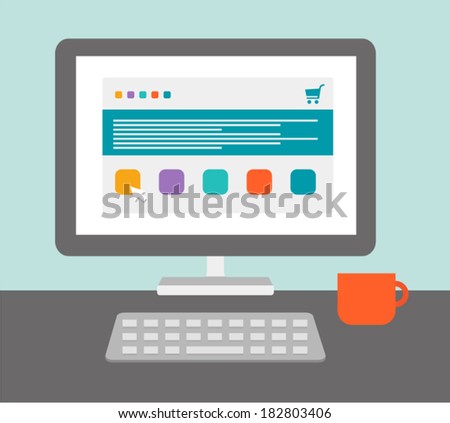 Desktop of computer in flat style. Online shopping. Vector illustration