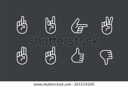 Vector hands icons set: finger counting, stop gesture, fist, devil horns gesture, okay gesture, v sign