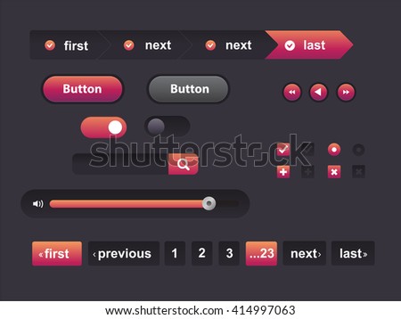 Vector Illustration of UI kit. Active button, non-activ button, check button, slider, search are, pagination, navigation menu