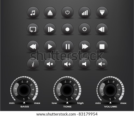 black round media player buttons and fader with shadows on the black background