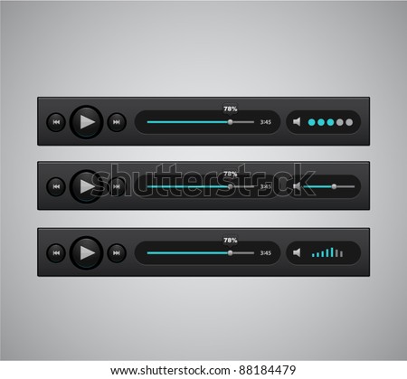Vector bright audio players with different control navigation panel