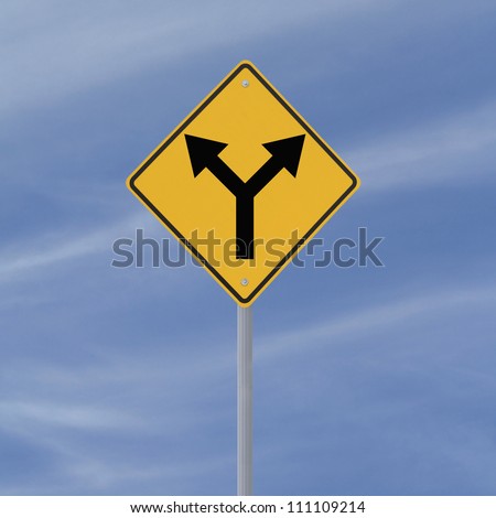 Road sign indicating a forked road ahead (against a blue sky background)