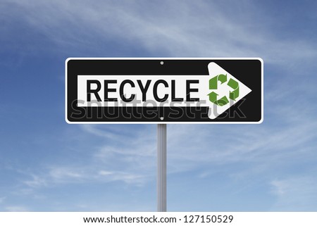 A modified one way sign on recycling (against a blue sky background)