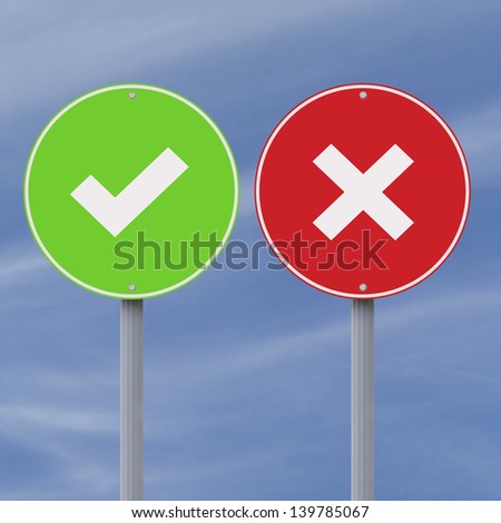 Conceptual road signs with a tick mark and cross mark