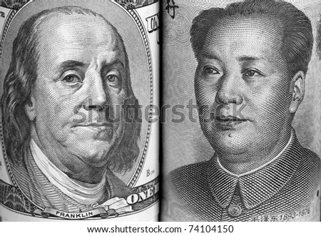 Macro portraits of Benjamin Franklin and Mao Tse-Tung in the US and China currencies respectively