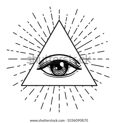 Blackwork tattoo flash. Eye of Providence. Masonic symbol. All seeing eye inside triangle pyramid. New World Order. Sacred geometry, religion, spirituality, occultism. Isolated vector illustration.