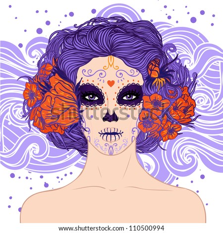 Young Pretty Mexican Sugar Skull Girl Y With Flowers In Her Hair And ...