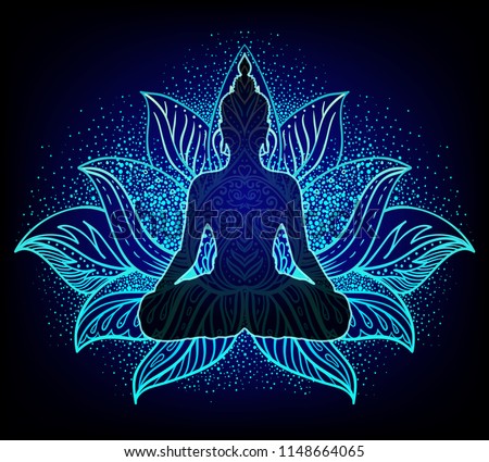 Chakra concept. Inner love, light and peace.  Buddha silhouette in lotus position over colorful ornate mandala. Vector illustration isolated. Buddhism esoteric motifs. Tattoo, spiritual yoga.