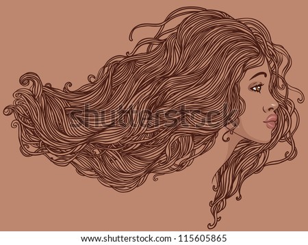 Beauty Salon: Portrait of pretty young african american woman in profile view with long beautiful hair. Vector illustration