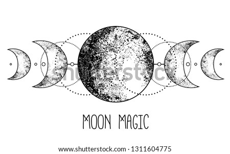 Triple moon pagan Wicca moon goddess symbol. Three-faced Goddess: Maiden – Mother – Crone vector illustration.  Tattoo, astrology, alchemy, boho and magic symbol. Coloring book.