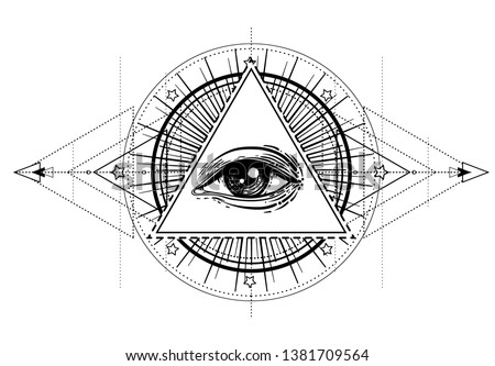 Eye of Providence. Masonic symbol. All seeing eye inside triple moon pagan Wicca moon goddess symbol. Vector illustration. Tattoo, astrology, alchemy, boho and magic symbol. Coloring book.