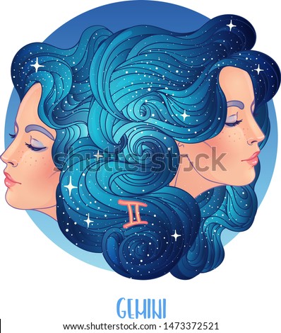 Illustration of Gemini astrological sign as two beautiful girls. Zodiac vector illustration isolated on white. Future telling, horoscope, alchemy, spirituality, occultism, fashion woman.