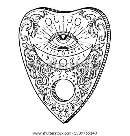 Heart-shaped planchette for spirit talking board. Vector isolated illustration in Victorian style. Mediumship divination equipment. flash tattoo drawing. Alchemy, religion, spirituality, occultism.