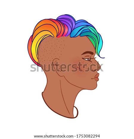 LGBT person with rainbow hair. Non binary african american  person. Gay Pride. LGBTQ concept. Isolated vector on white colorful illustration. Sticker, patch, t-shirt print, logo design.