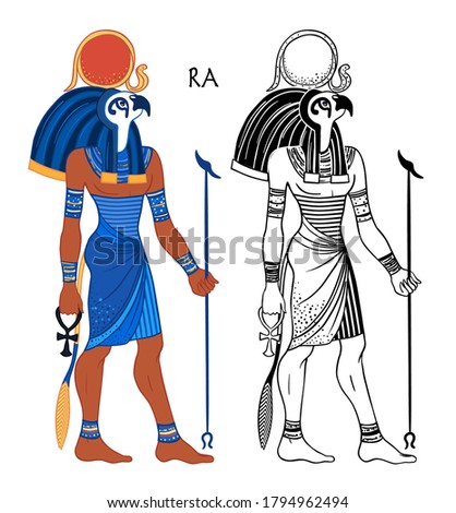 Portrait of Ra,  Egyptian god of sun. Most important god in Ancient Egypt. Also known as Amun-Ra and Ra-Horakhty. Vector isolated illustration. Man with the head of a Hawk and the sun disk above him. Stock fotó © 