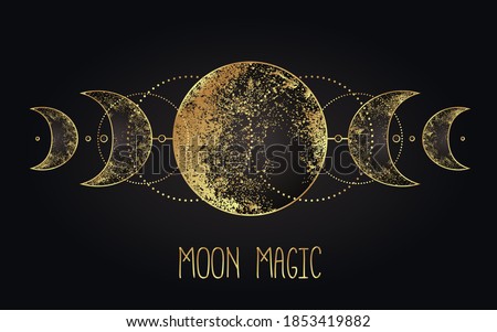 Moon magic. Triple moon pagan Wicca moon goddess symbol. Three-faced Goddess: Maiden – Mother – Crone vector illustration.  Tattoo, astrology, alchemy, boho and magic symbol golden over black.