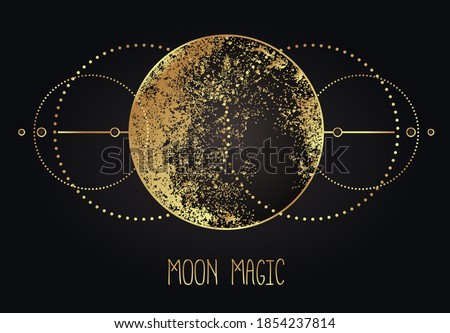 Moon magic. Triple moon pagan Wicca moon goddess symbol. Three-faced Goddess: Maiden – Mother – Crone vector illustration.  Tattoo, astrology, alchemy, boho and magic symbol golden over black.