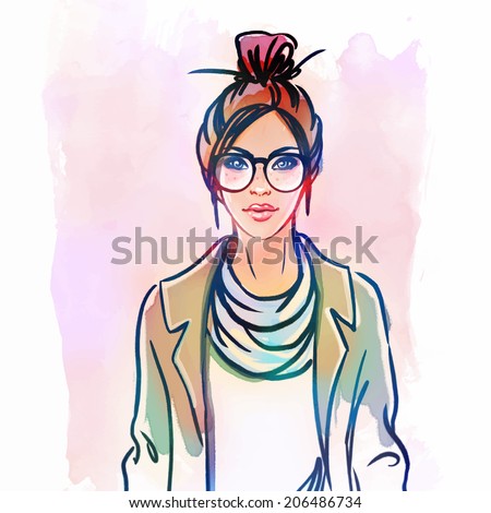 Urban street style: Pretty hipster girl with pink hair, portrait isolated on white background, sketchy style fashion vector illustration 