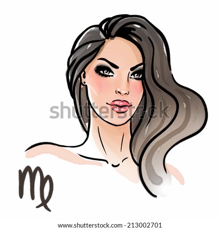 Virgo zodiac sign as a beautiful girl. Ink and watercolor fashion vector illustration 