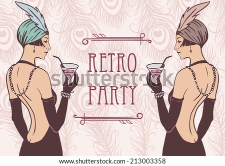 Flapper girl: Retro party invitation design. Cocktail Party.