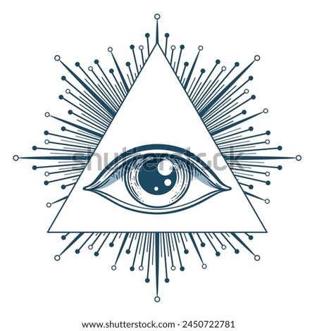 Blackwork tattoo flash. Eye of Providence. Masonic symbol. All seeing eye inside triangle pyramid. New World Order. Sacred geometry, religion, spirituality, occultism. Isolated vector illustration