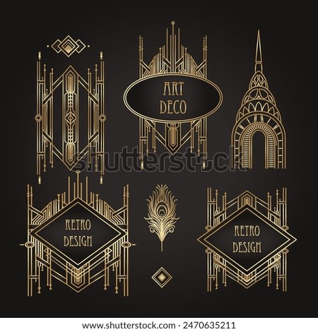 Art Deco vintage gold and silver design element over black. Retro party geometric background set, 1920s style. Vector illustration for glamour party, wedding or textile prints.