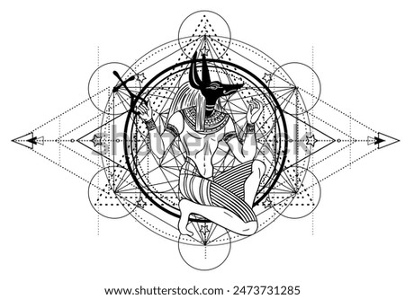 Sacred geometry with egypt symbol. Wings and all seeing eye. Alchemy, religion, spirituality, occultism. Isolated vector illustration. Drawing tattoo art. Coloring book.