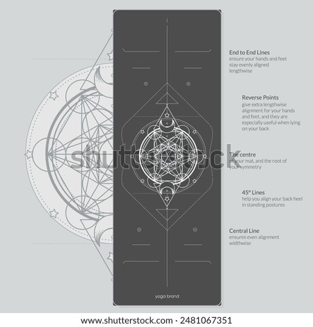 Alignment Yoga Mat design template. Vector illustration. Ready to print modern style. Perfect support in any asana, for the most demanding yogis with beautiful sybol in the center point