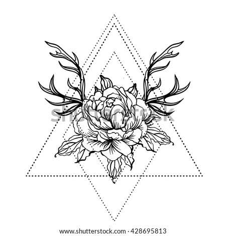 Blackwork tattoo flash. Peony flower with deer antlers. Vector illustration isolated on white. Tattoo design, mystic symbol. New school dotwork. Boho design. Print, posters, t-shirts and textiles.