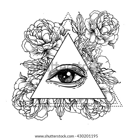 Blackwork tattoo flash. All seeing eye pyramid symbol with peony flower. Sacred geometry. Vector illustration isolated on white. Tattoo design, mystic symbol. New World Order. Eye of Providence.