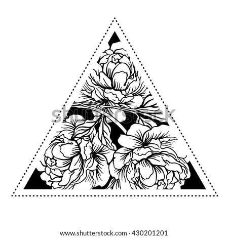 Blackwork tattoo flash. Peony flower with sacred geometry. Vector illustration isolated on white. Tattoo design, mystic symbol. New school dotwork. Boho design. Print, posters, t-shirts and textiles.