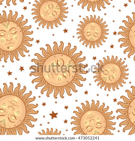 Sun vector seamless pattern with stars. Vintage style. Wallpaper, wrapping paper or fabric design for children. Astronomy, astrology, magic. Engraving solar  stylized hand drawn titled background.