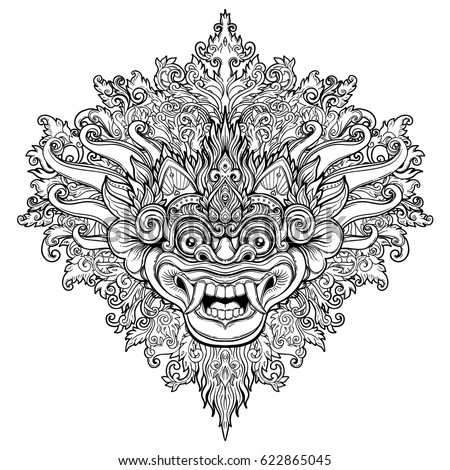 Barong. Traditional ritual Balinese mask. Vector decorative ornate outline illustration isolated. Hindu ethnic symbol, tattoo art, yoga, Bali spiritual design for print, posters, t-shirts, textiles.