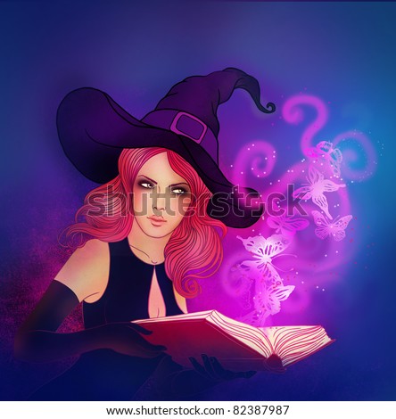 Young beautiful witch holding a magic book from which emerged a butterfly