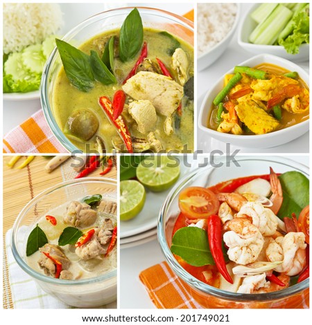 Collage photos of popular Thai food (Chicken green curry,Spicy and sour fish ragout, Coconut soup with chicken and galanga, Shrimp and lemon grass soup)